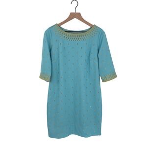 Gretchen Scott Turquoise Blue Gold Embroidered Shift Dress Womens Size‎ Medium